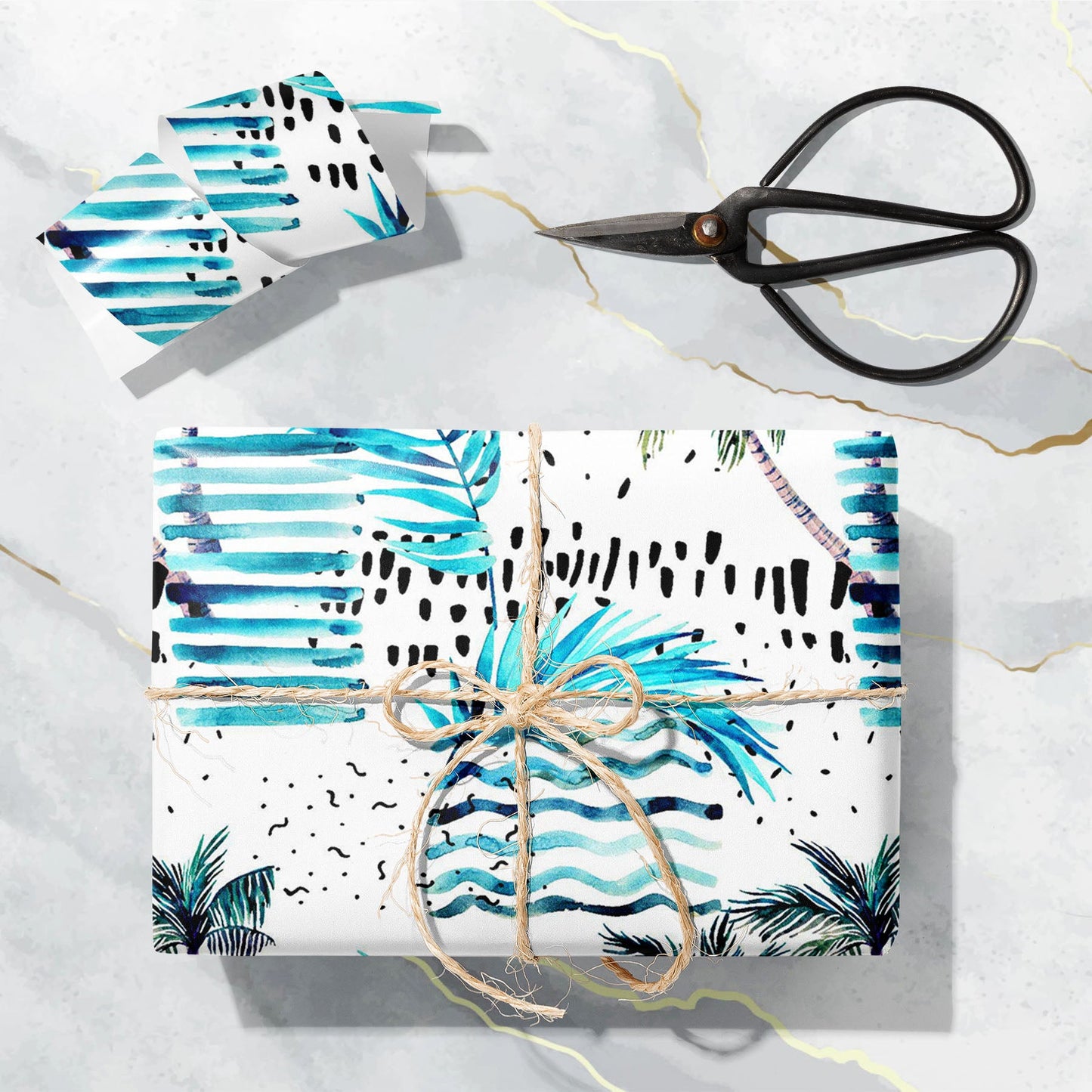 Blue Watercolor Palm, Monstera Leaves Art & Craft Gift Wrapping Paper
