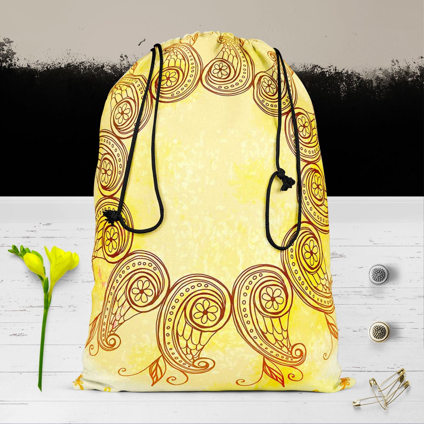 Ethnic Circular Ornament D5 Reusable Sack Bag | Bag for Gym, Storage, Vegetable & Travel