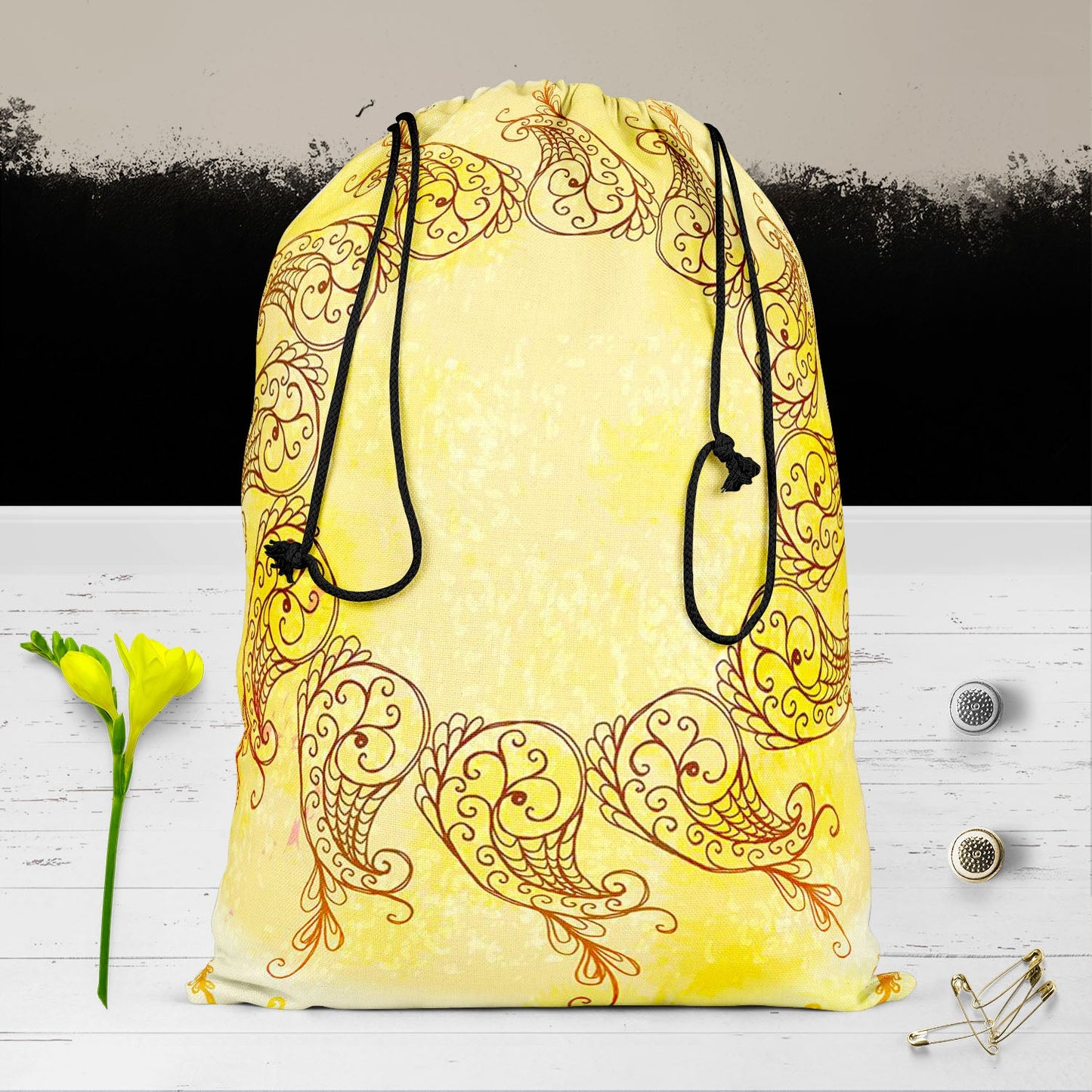Ethnic Circular Ornament D6 Reusable Sack Bag | Bag for Gym, Storage, Vegetable & Travel