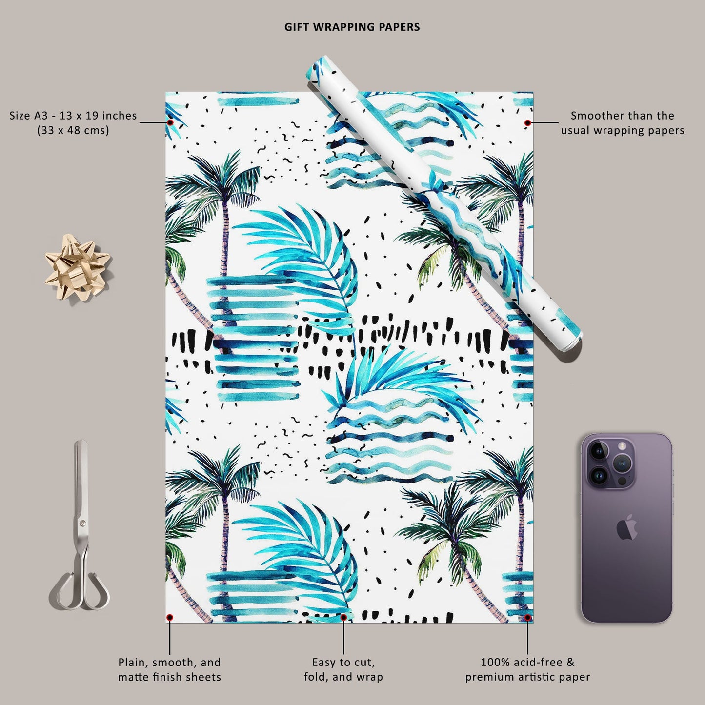Blue Watercolor Palm, Monstera Leaves Art & Craft Gift Wrapping Paper