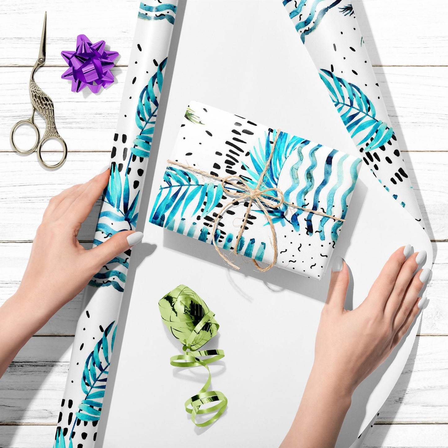 Blue Watercolor Palm, Monstera Leaves Art & Craft Gift Wrapping Paper
